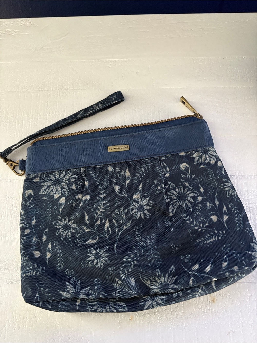 Travelon Blue Floral Wristlet Clutch with Gold Accents